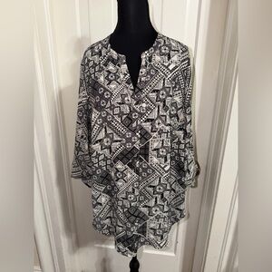 Women’s plus size 0X Premise Black and White Geometric Print Top, shirt, blouse